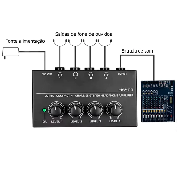 Amplificador de Fone Ouvido profissional C Fonte 4 Saidas Palco, rádio, studio HA400 Power - Image 4
