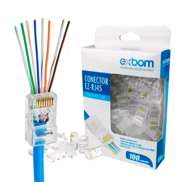 100un conector rj45 macho cat6/cat5e pra cabo de rede vazado