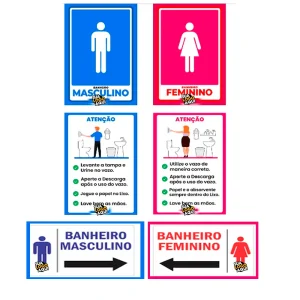 Kit 6 Placas de plástico pvc tam 15x30cm coloridas personalizadas sinalização visual para banheiro 2mm arte grátis